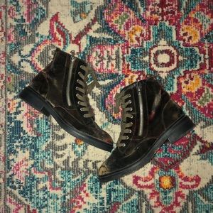 Velvet boho combat boots floral peacock feather